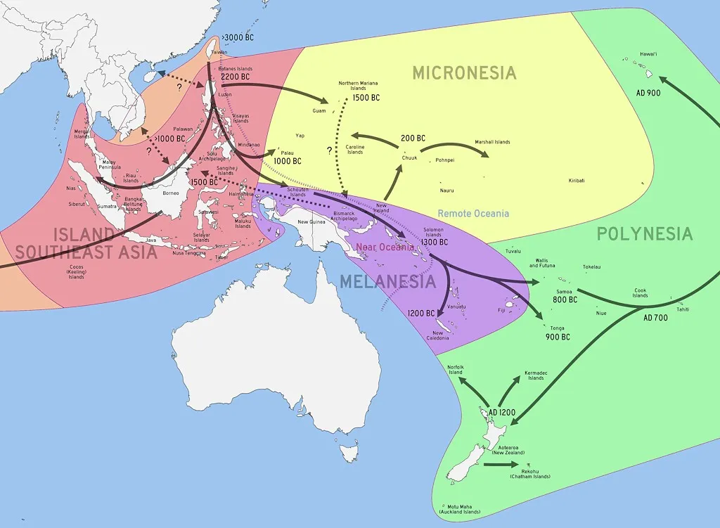 Chronological dispersal of Austronesian people across the Pacific Chronological dispersal of Austronesian people across the Pacific (per Benton et al, 2012, adapted from Bellwood, 2011)