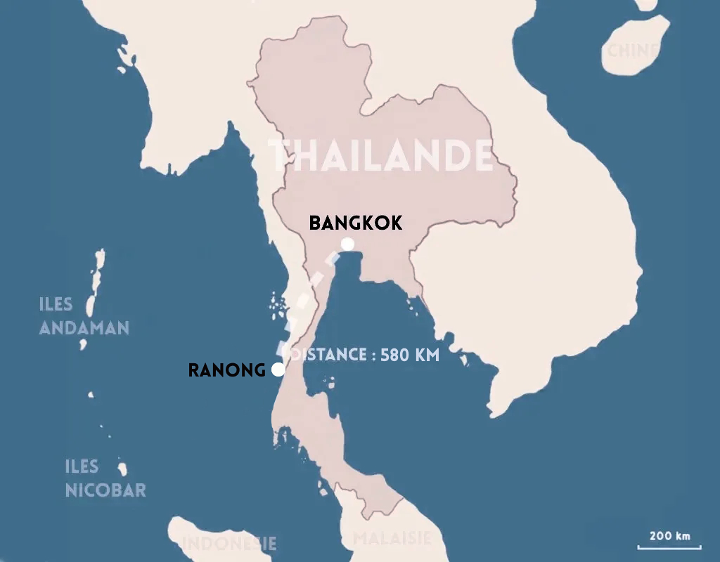 DISTANCE ENTRE BANGKOK ET RANONG