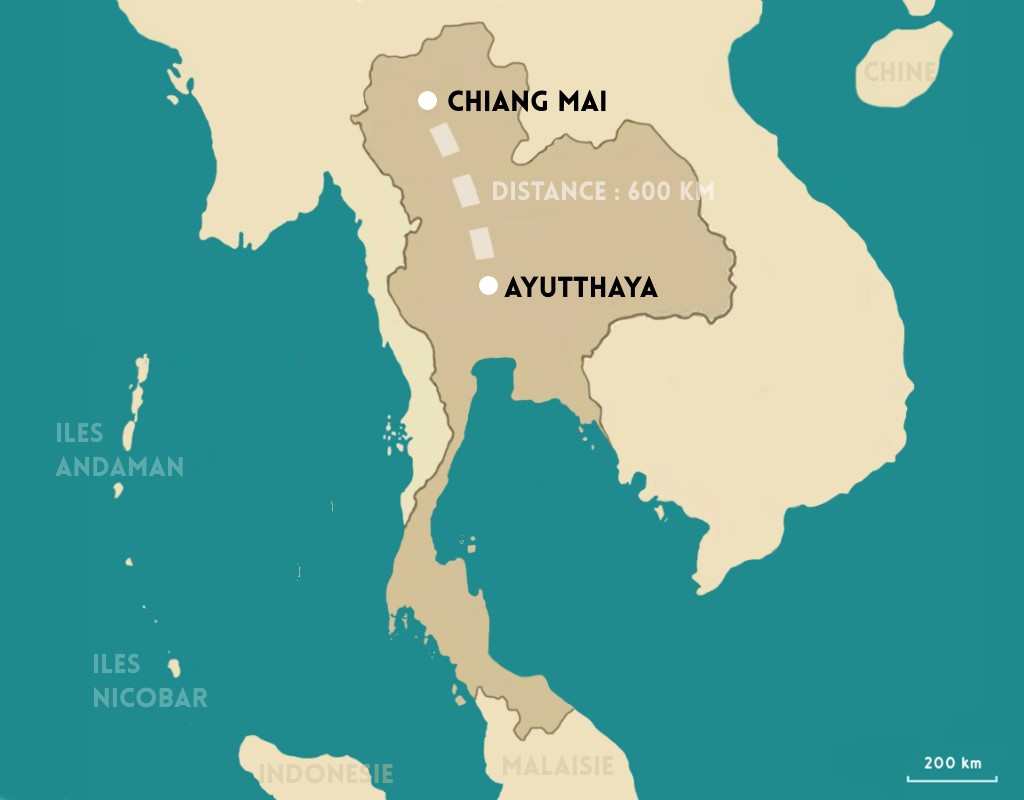 TRAJET ET DISTANCE ENTRE CHIANG MAI ET AYUTTHAYA